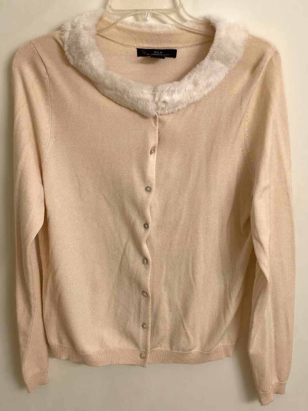 SILX August Silk Cream Cardigan Sweater White Faux Fur Collar Large